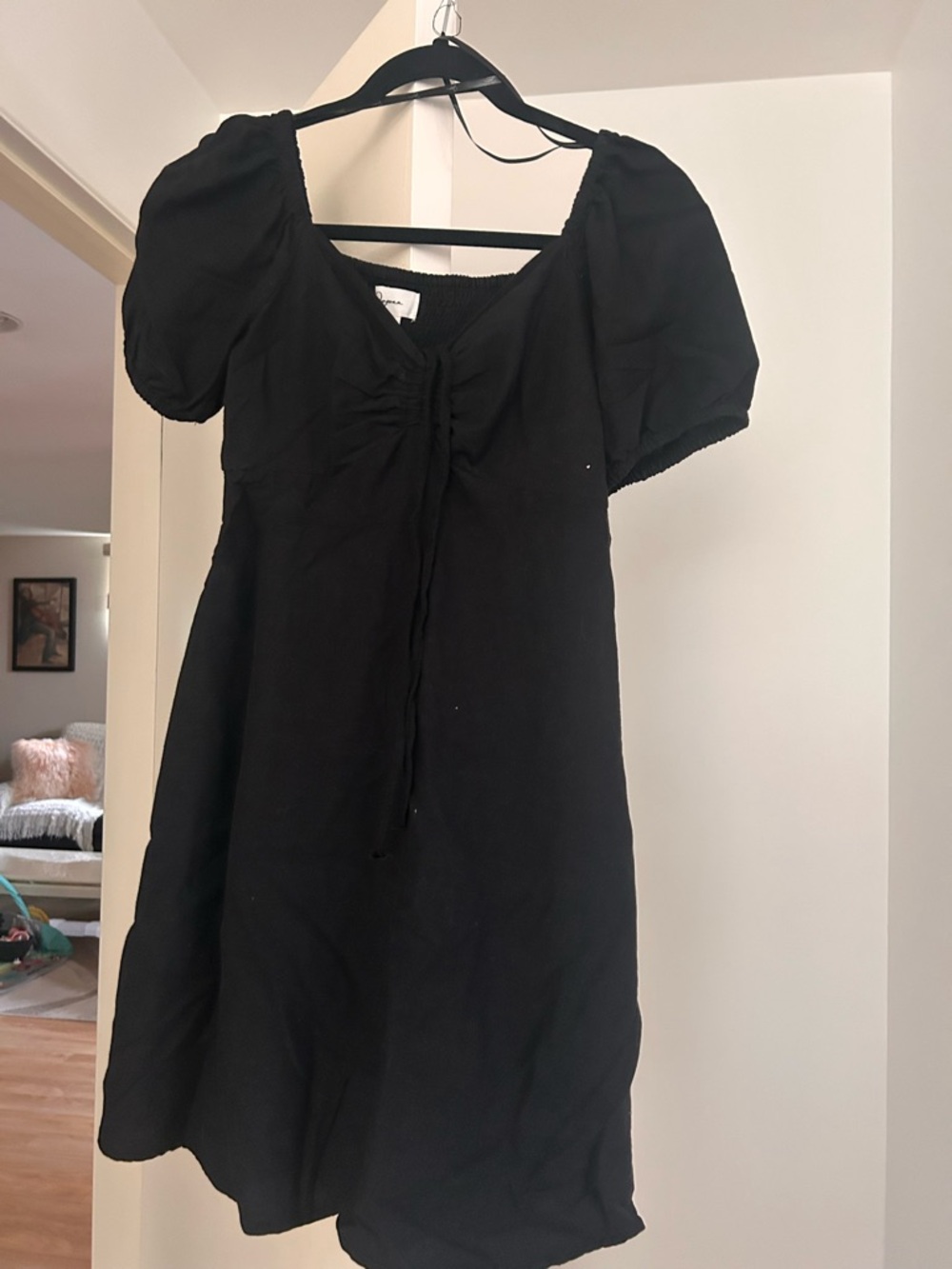 J.O.A. Black Puff-Sleeve Mini Dress with Ruched Tie Front